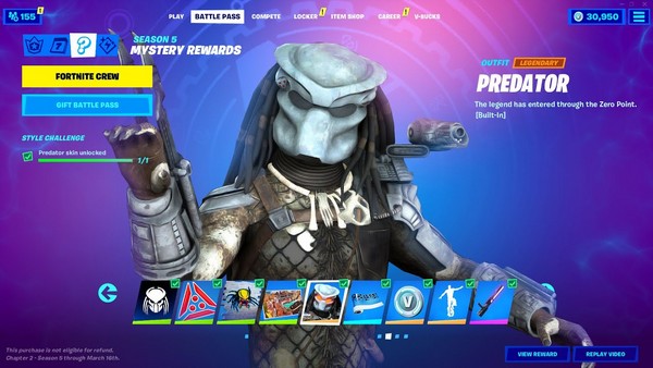 Le skin Predator dans fortnite saison 5 chapitre 2