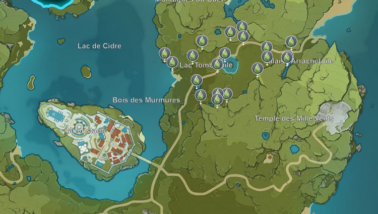 Emplacements des amulettes sélénites à Mondstadt