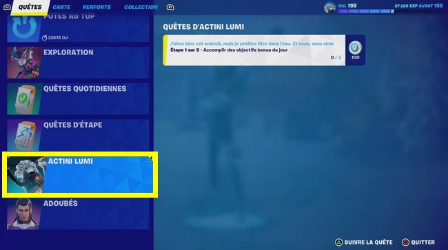 quêtes Actini Lumi Fortnite