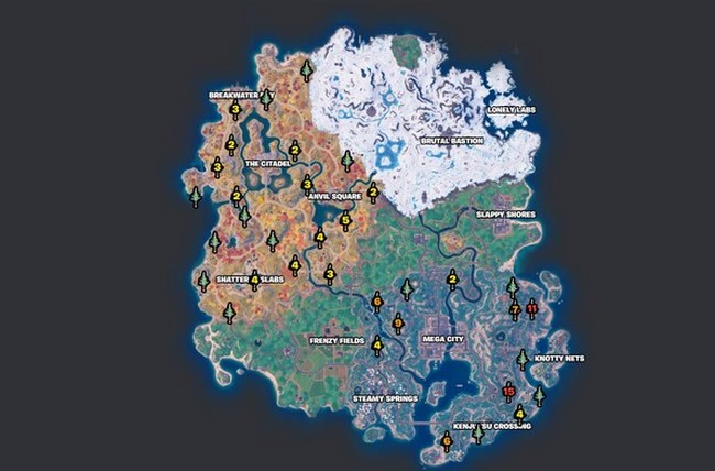 Voici une carte pratique indiquant les meilleurs endroits pour trouver un pin sur Fortnite