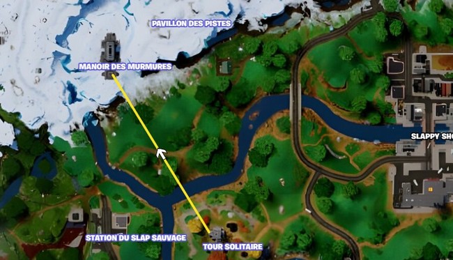 aller de la Tour Solitaire au Manoir des Murmures Sans Toucher l'Eau dans Fortnite